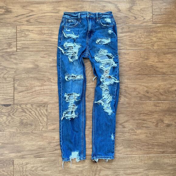 American Eagle Mom Jean Women's Size 0 Distressed Destroyed Medium Wash - Picture 1 of 10